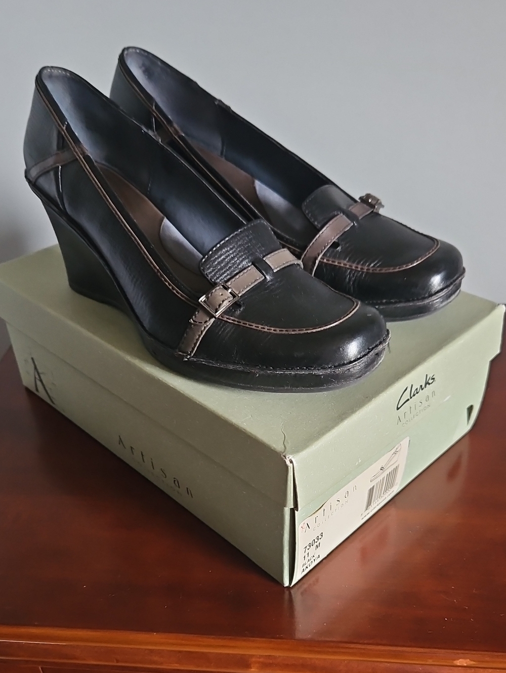 Clarks Black and Grey Leather Wedge Loafers with Buckle Detail